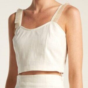 BRAND NEW STAUD Coco Linen-Blend Cropped Top - Size Small, Off-White Raffia